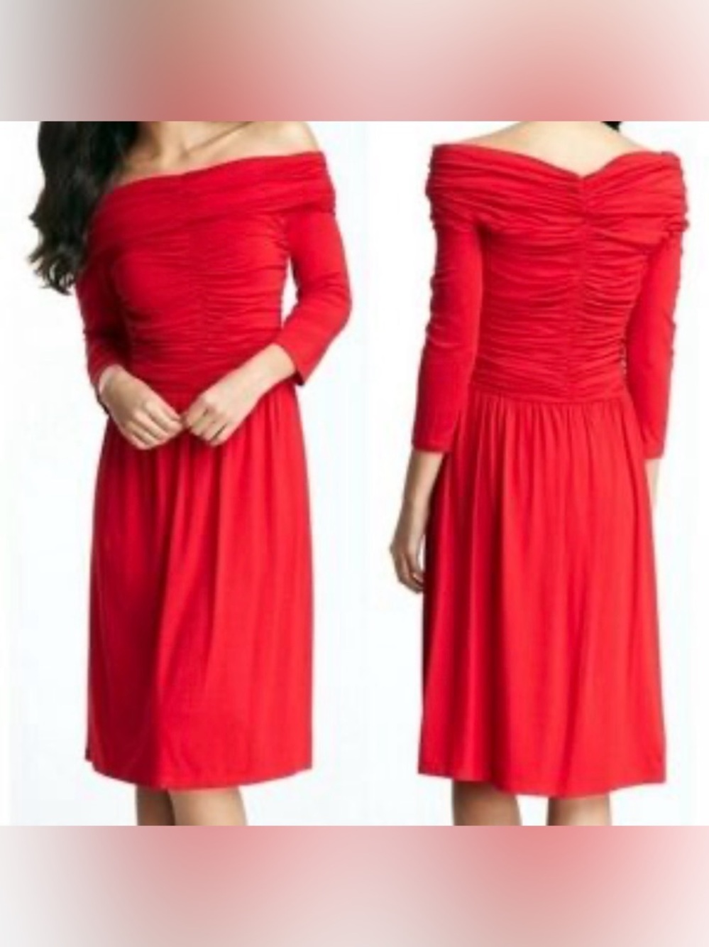 Nue by Shani Red Off-Shoulder Ruched Midi Dress